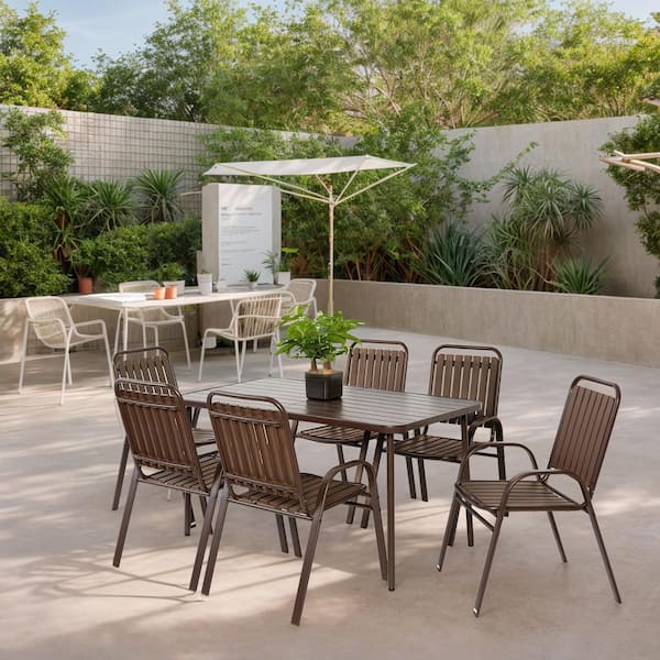 7-Piece Metal Patio Outdoor Dining Set with Rectangular Table and 6 Stackable Chairs Brown