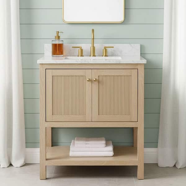 Arcott 31 in. Single Sink Fluted Natural Wood Bath Vanity with White Carrara Marble Top (Assembled)