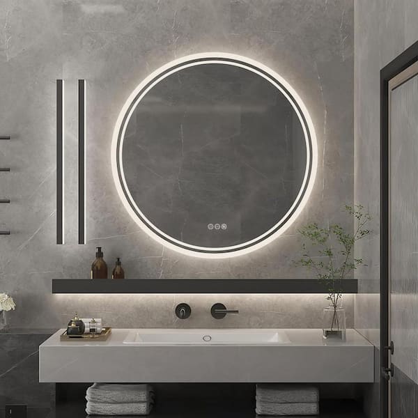 Wisfor 32 in. W x 32 in. H Large Round Frameless Anti-Fog Stepless Dimming Backlit 3 Light Memory Wall Bathroom Vanity Mirror