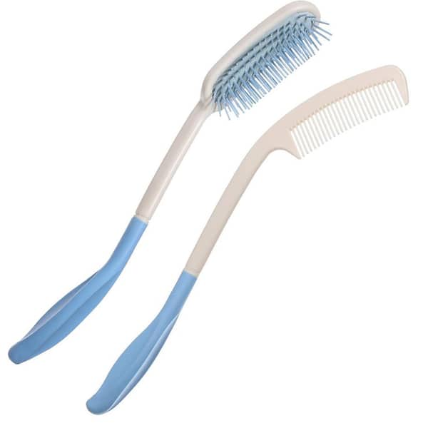 Bath Long Reach Ergonomic Handled Comb and Brush Set for Elderly and Hand-Disabled with Soft Bristles 2-Piece in Blue