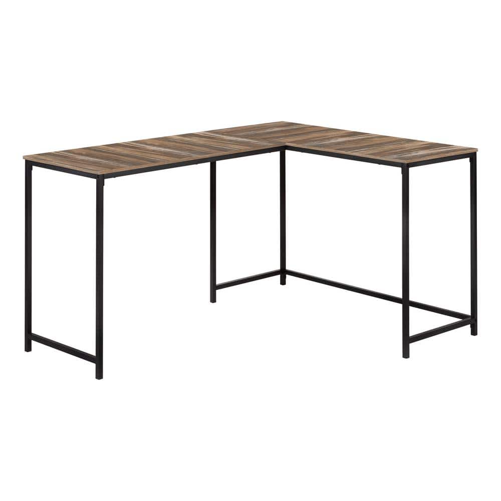 58 in. L X 44 in. W Brown Reclaimed Wood-Look Black L-Shaped Computer Desk Corner Metal Base Large Desk