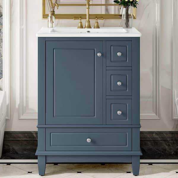 24 in. Freestanding Blue Gray Bath Vanity with White Ceramic Top, Storage Shelves and Solid Wood Base