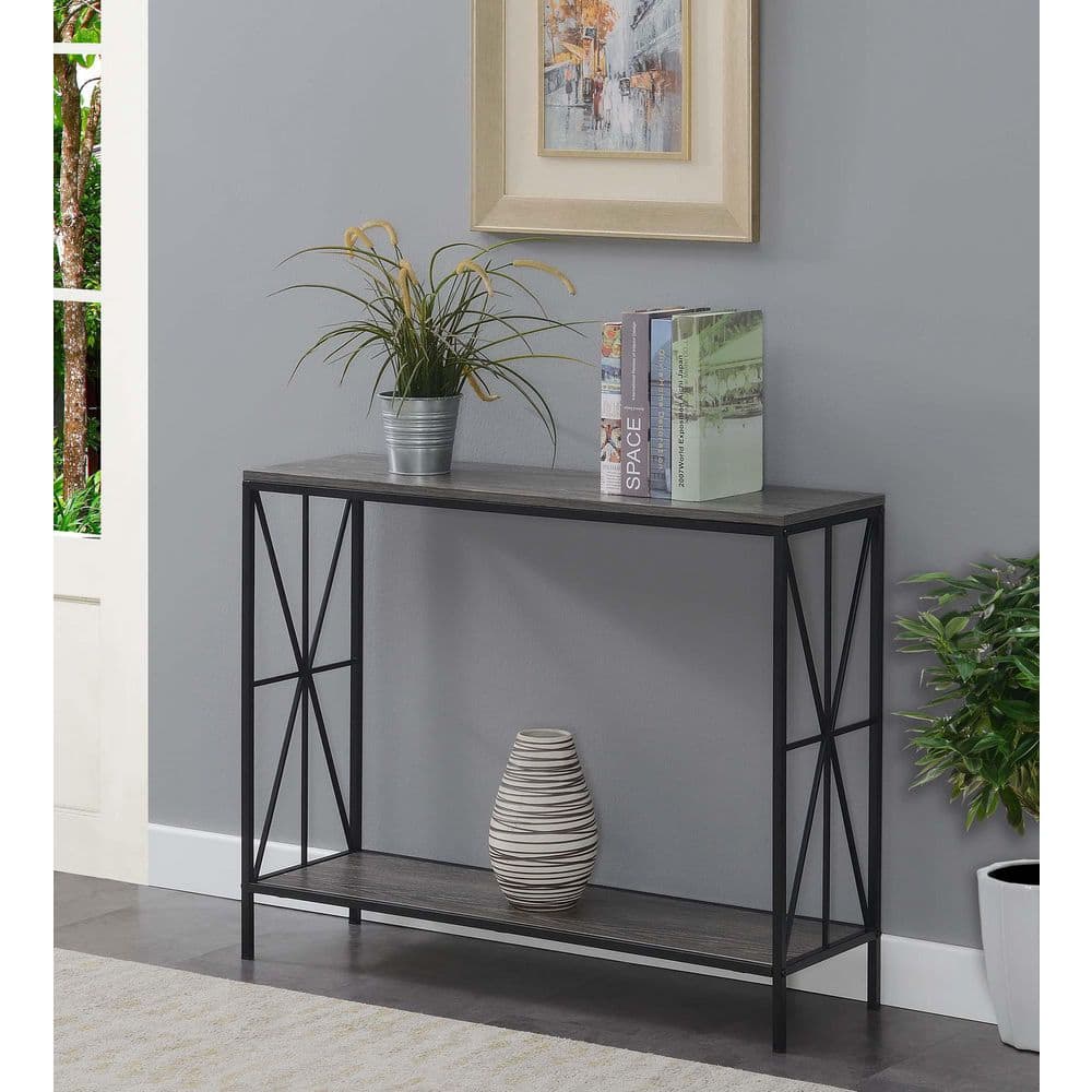 Weathered Gray & Black Starburst Console Table with Metal Frame