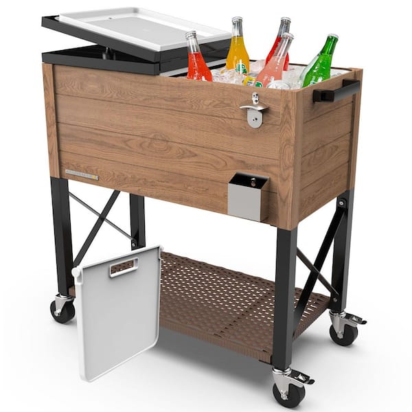 Party Cooler, 80 qt. Capacity, Divider Cooler, Rolling Ice Chest for Entertainment, Wicker Shelf, Oak Brown