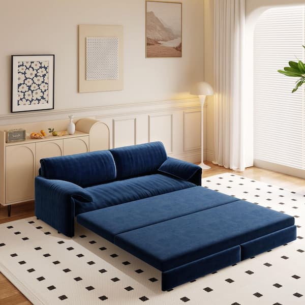 Harper & Bright Designs 3-in-1 Convertible 66 in. Blue Soft Velvet Queen Size Sofa Bed with Side Pockets