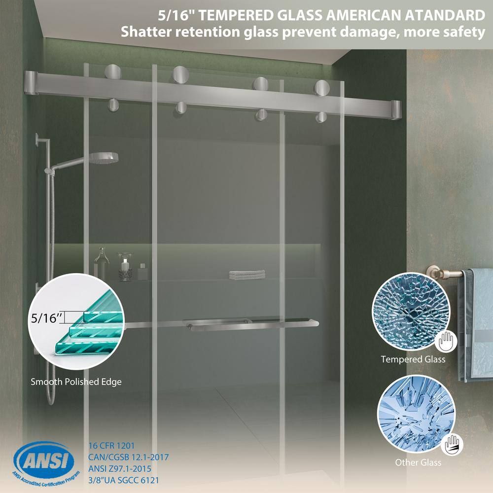 Brushed Silver Frameless Double Sliding Shower Door with Clear Tempered Glass