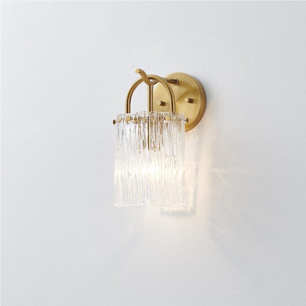 1-Light Plated Brushed Gold Wall Sconce with Textured Glass Shade