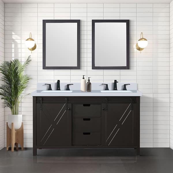 Lexora Marsyas 60 in W x 22 in D Brown Double Bath Vanity, Cultured Marble Countertop, Faucet Set and 24 in Mirrors