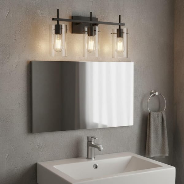 20 in. 3-Light Black Bathroom Vanity Light with Clear Glass Shades, Modern Metal Wall Fixture for Mirror