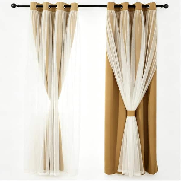 52×96in Gold Blackout Curtains with Sheer Overlay, 2 Pack Thermal Noise Reducing Drapes