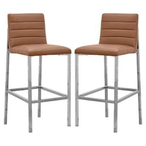 38 in. Brown and Chrome Low Back Metal Frame Bar Stool with Faux Leather Seat (Set of 2)