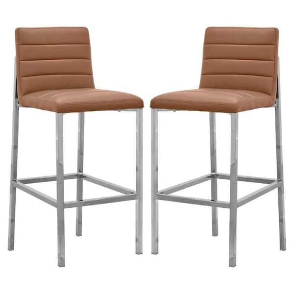 Benjara 38 in. Brown and Chrome Low Back Metal Frame Bar Stool with Faux Leather Seat (Set of 2)