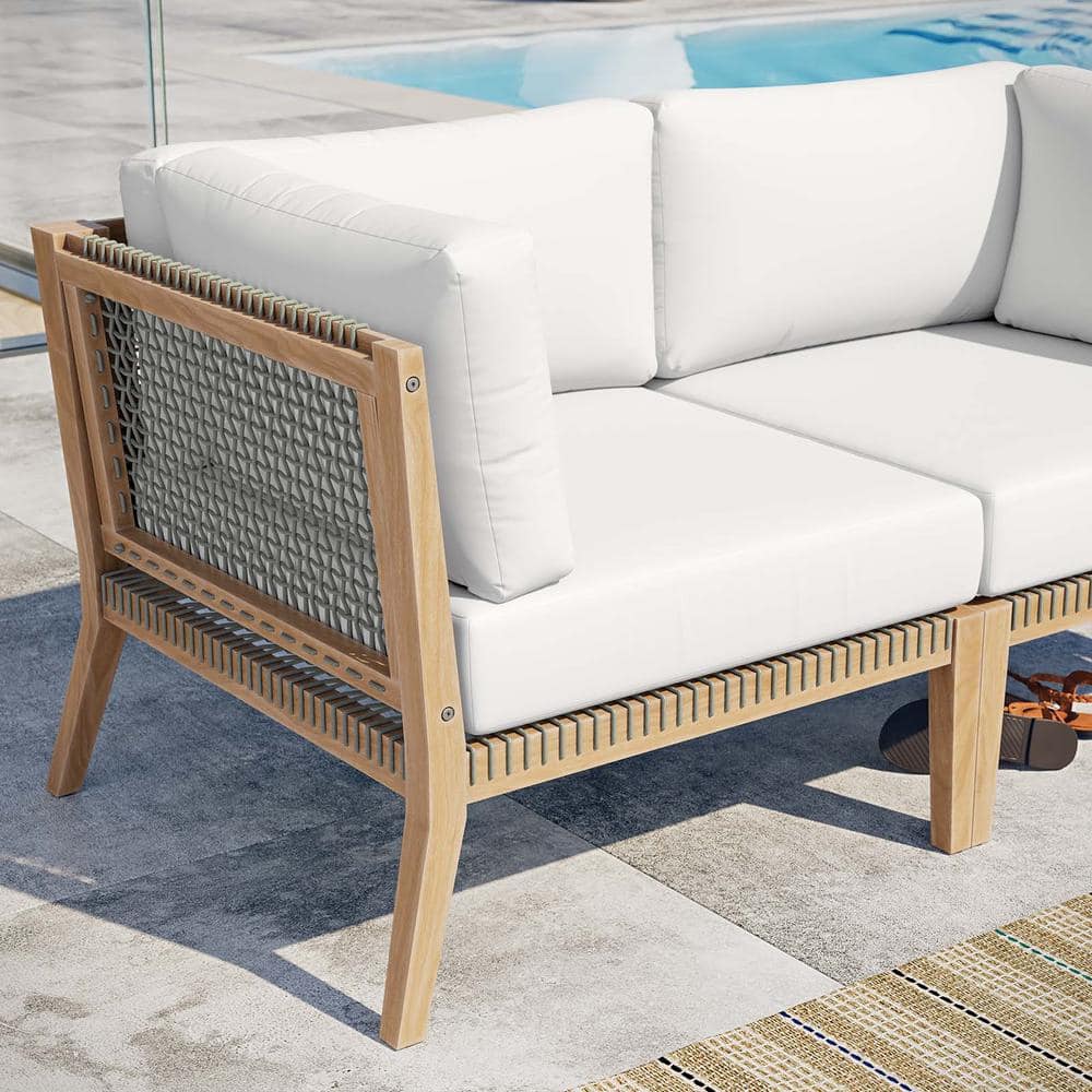 Clearwater Teak Wood Two-Seat Sectional with White Cushions