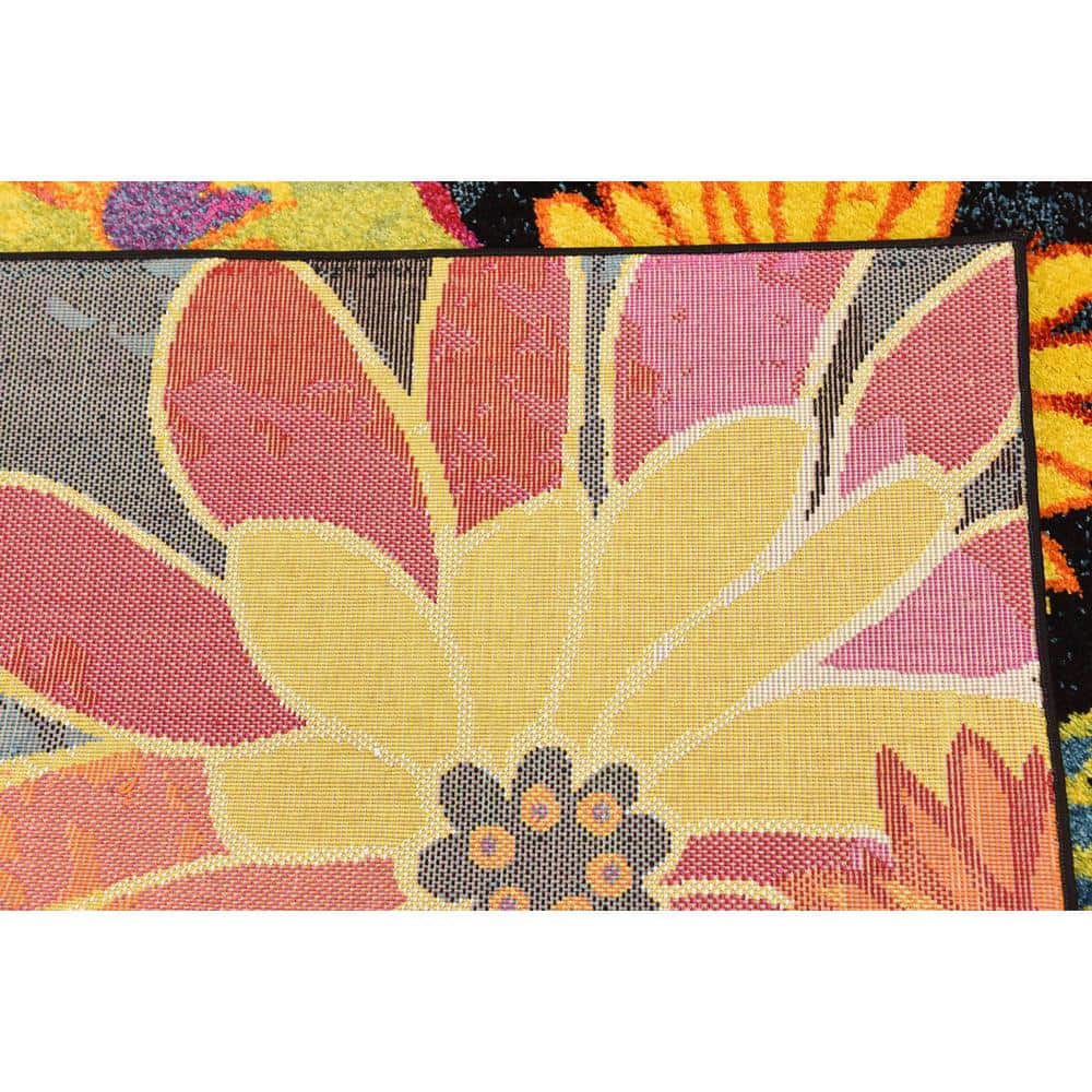Black Floral Synthetic Rectangular Indoor Area Rug