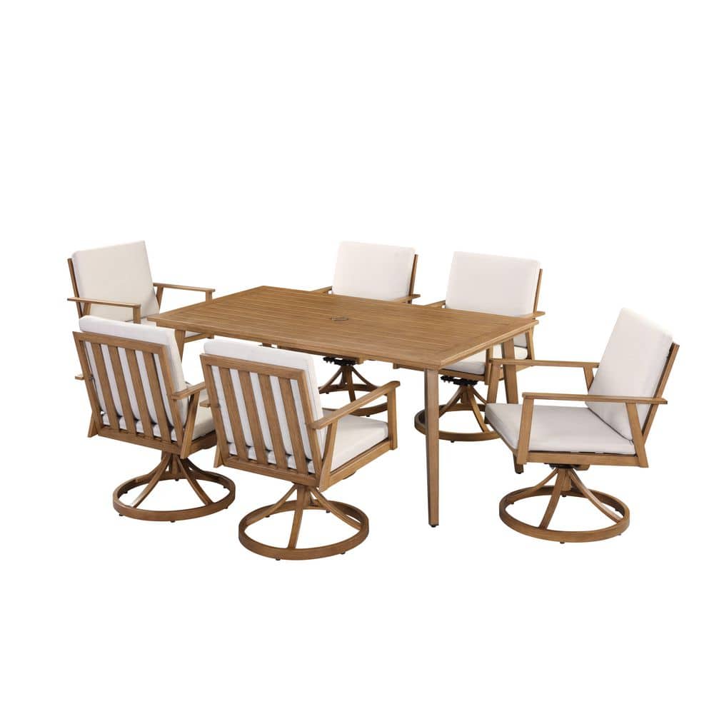 "7-Piece Brown Aluminum Slat Outdoor Dining Set with 63.8"" Rectangular Table,6 Swivel Chairs with White Cushions" price history on PriceWatchPro