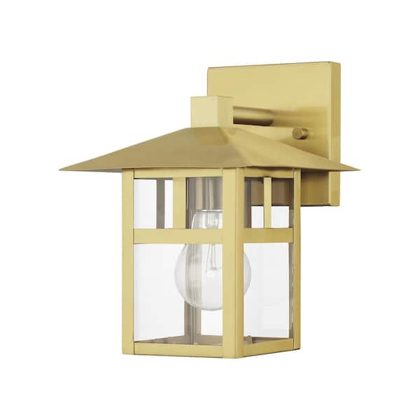 Crestlake 9.5 in. 1-Light Satin Gold Outdoor Hardwired Wall Lantern Sconce with No Bulbs Included
