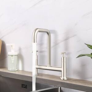 Double Handle Bridge Kitchen Faucet Stainless with 360° Rotation in Brushed Nickel