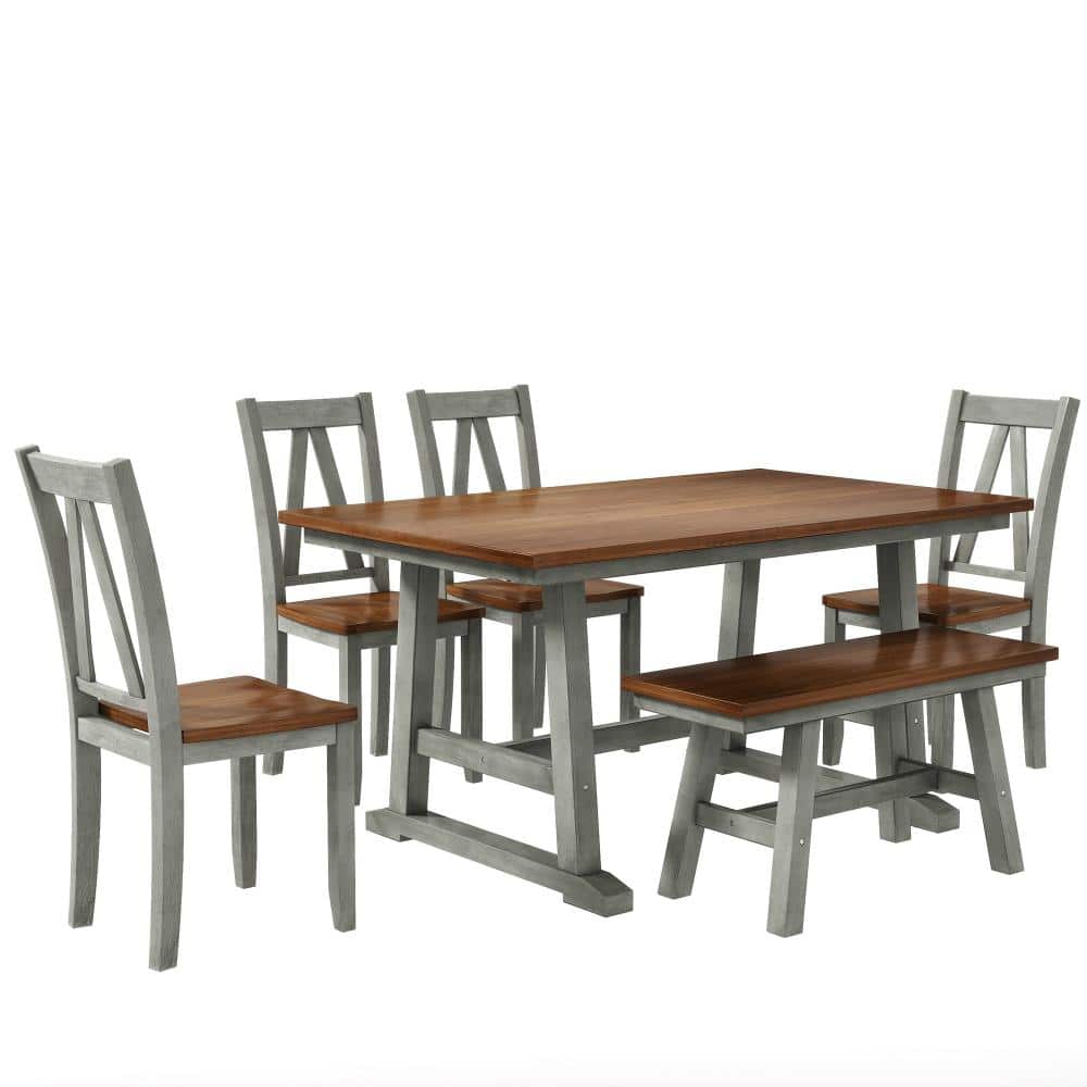 6 Piece Rectangular Wood Top Dining Table Set with Bench and 4 Chairs, Farmhouse Style, Walnut Gray, Solid Rubberwood, price history on PriceWatchPro