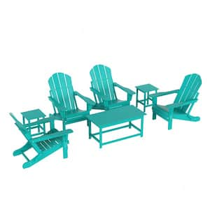 Laguna 7-Piece Fade Resistant Outdoor Patio HDPE Poly Plastic Folding Adirondack Chair Conversation Set in Turquoise