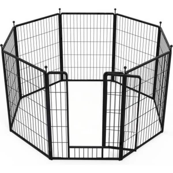 40 in. 8 Panels Black Metal Heavy Duty Portable Garden Fence Pet Fence with Door