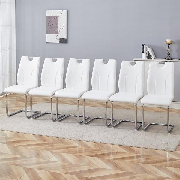White PU Leather Upholstered Dining Chairs with Silver Metal Legs (Set of 6)