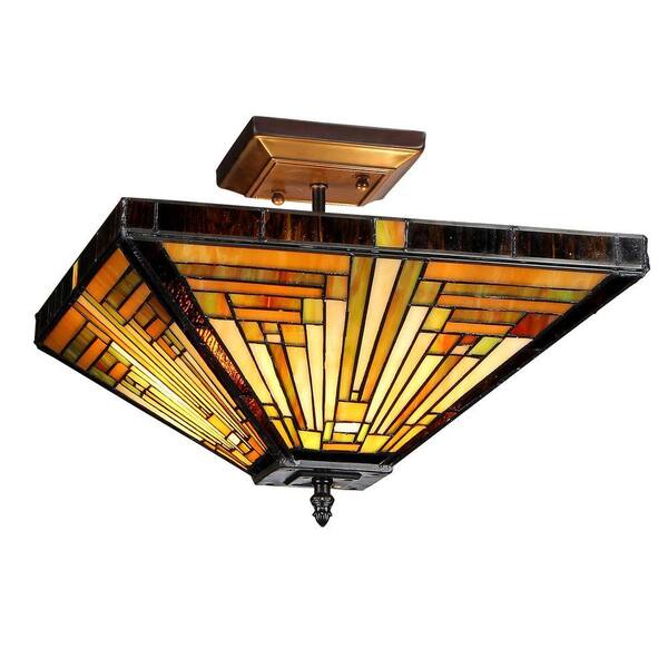 Chloe Lighting Innes 2-Light Bronze Tiffany Style Mission Semi Flush Mount Ceiling Fixture with 14 in. Shade