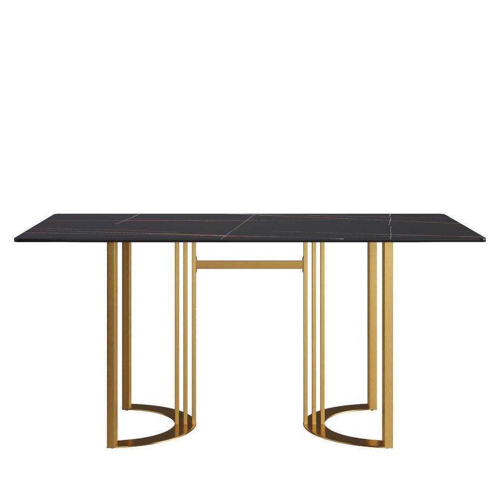 Magic Home 63 in. Sintered Stone Black Rectangle Top Pedestal Gold