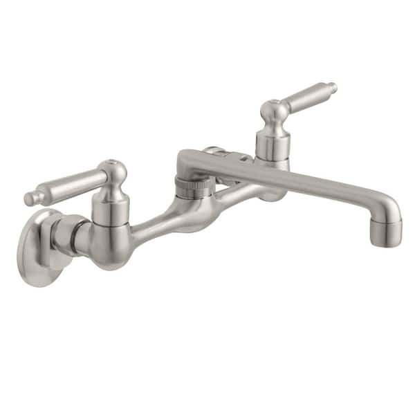 Glacier Bay Builders Double-Handle Wall Mount Low-Arc Standard Kitchen Faucet in Stainless Steel