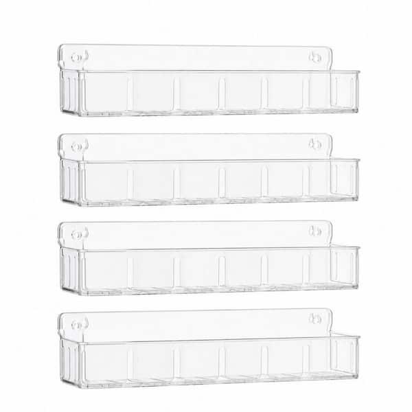 4 Pack Clear Wall Mount Spice Rack Organizer Adhesive or Screw Install for Kitchen Cabinet or Pantry Door