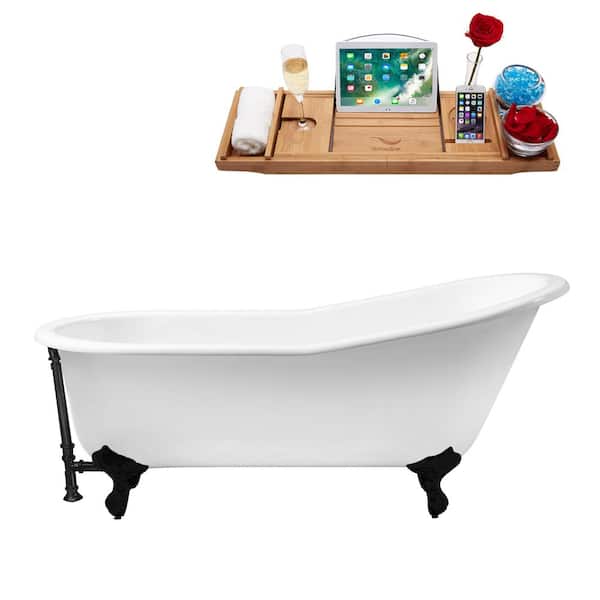 Streamline 61 in. x 30 in. Cast Iron Clawfoot Soaking Bathtub in Glossy White with Matte Black Clawfeet and Matte Black Drain