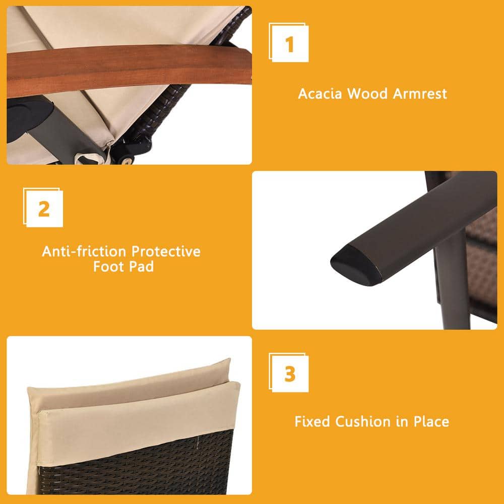 Beige Cushioned Folding Rattan Chaise Lounge with Aluminum Frame