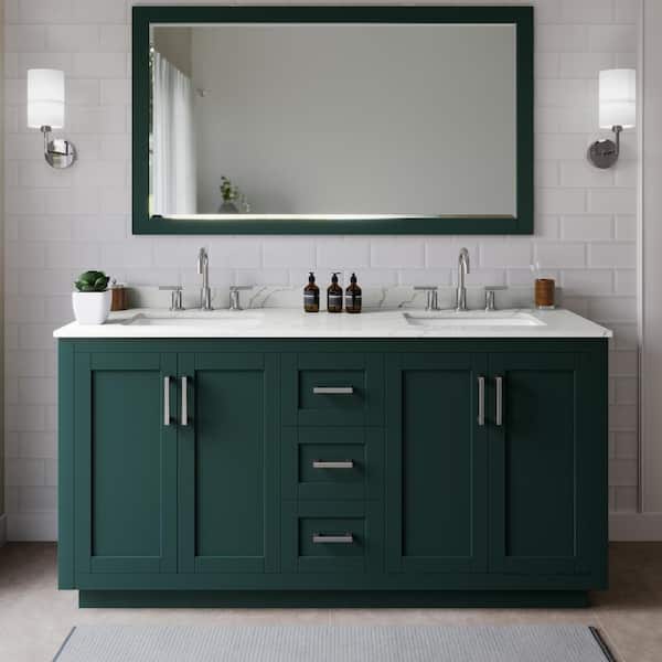 Wyndham Collection Miranda 66 in. W x 22 in. D x 33.75 in. H Double Bath Vanity in Green with Giotto Quartz Top and 58 in. Mirror