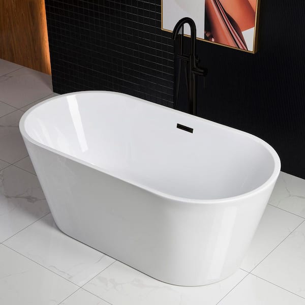 59 in. L X 29.5 in. W Acrylic FlatBottom Double Ended Soaking Bathtub in White with Black Overflow and Drain