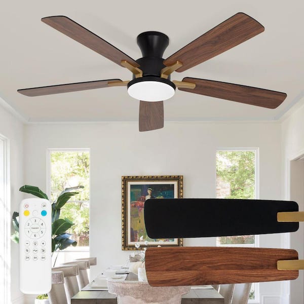 52 in. Indoor Black Flush Mount Ceiling Fan with Integrated LED, Remote Control and 5 Reversible Blades