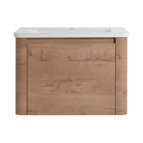 28 in. Wall-Mounted Imitative Oak Bath Vanity with White Ceramic Top Unassembled
