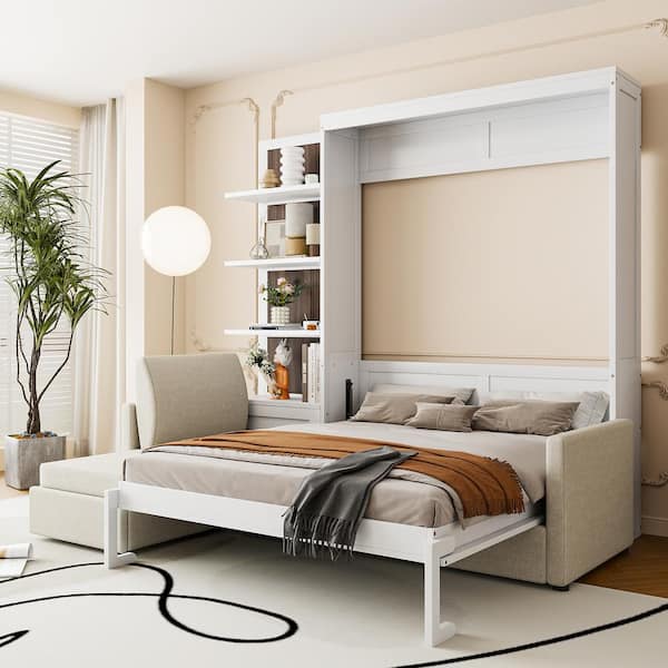 White Wood Frame Queen Size Murphy Bed with Sofa and Shelves