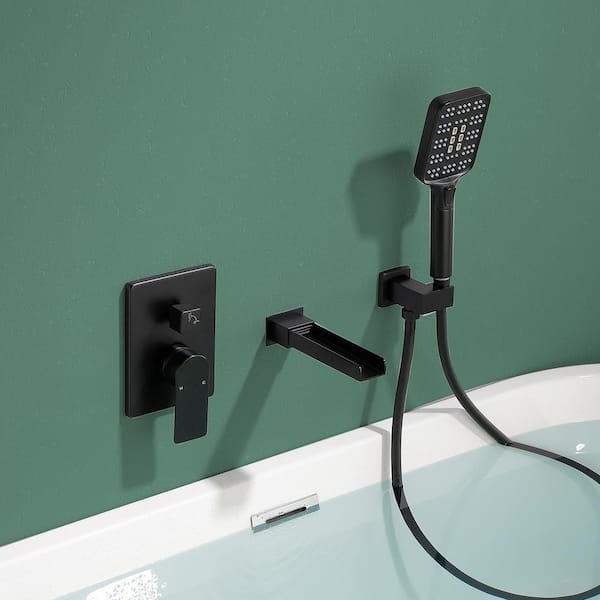 Single-Handle Wall Mount Waterfall Roman Tub Faucet with Hand Shower in. Black