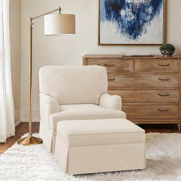32 in. W Warm Linen Color Fabric Upholstered Swivel Accent Armchair Metal Base Barrel Sofa Chair with Storage Ottoman