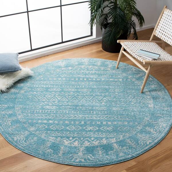 Tulum 7 x 7 Aqua/Ivory Tribal Round Rug