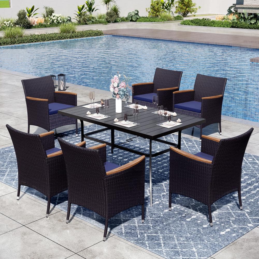 Black 7-Pcs Metal Rectangle Patio Outdoor Dining Set with Table and Rattan Chairs with Blue Cushion price history on PriceWatchPro