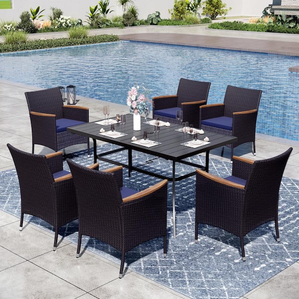 PHI VILLA Black 7-Pcs Metal Rectangle Patio Outdoor Dining Set with Table and Rattan Chairs with Blue Cushion