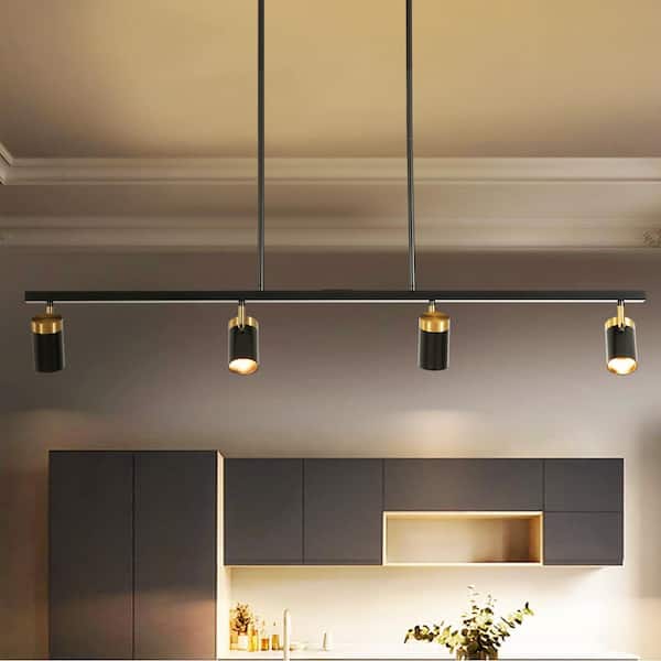 Solin 16-Watt 4-Light Black and Brass Linear Integrated LED Pendant Light with Adjustable Spotlights