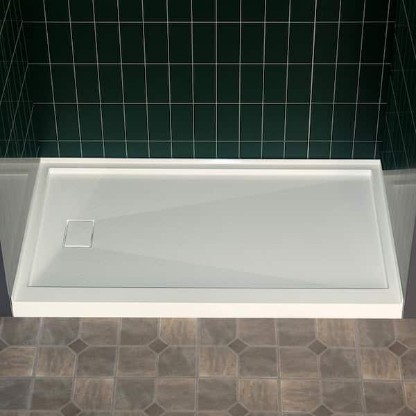 WOODBRIDGE 60 in. L x 30 in. W Solid Surface Alcove Shower Pan Base with Center Drain in White, Slip-Resistant and Mold-Resistant