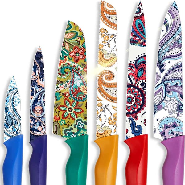 12-Piece German Stainless Steel Paisley Pattern Knife Set with Cover, Dishwasher Safe Colorful Knives
