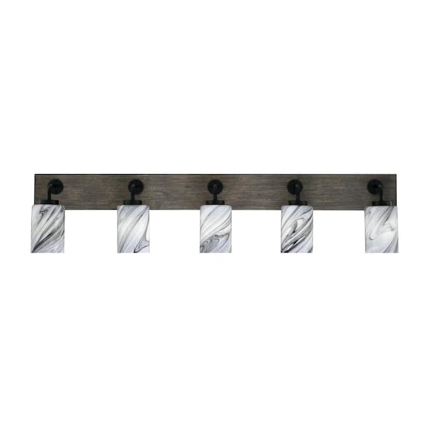 Unbranded Kirby 46.5 in. 5 Light Black and Painted Wood-look Vanity Light with 4 in. Onyx Swirl Glass Shades No Bulbs Included