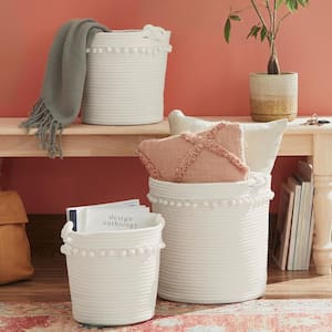Round Cotton Rope White Pom-Pom Storage Baskets (Set of 3)