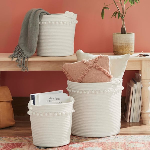 StyleWell Round Cotton Rope White Pom-Pom Storage Baskets (Set of 3)