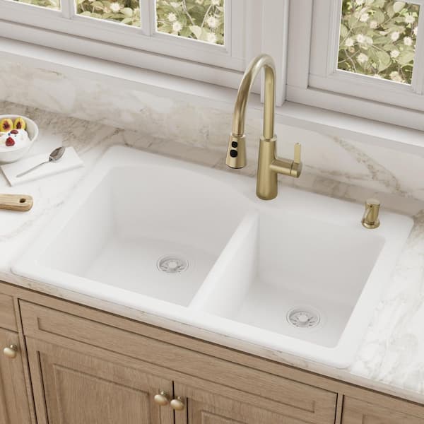 Drop-In Quartz Composite 33 in. 1-Hole 60/40 Double Bowl Kitchen Sink in White