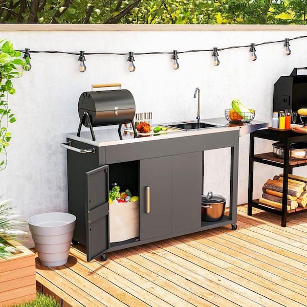 55.5" Outdoor Kitchen Island With Sink & Grill Cart - 304 Stainless Steel Sink, Locking Wheels, Spice Rack, Black