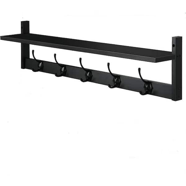 Cubilan 28.9 in. W x 4.5 in. D Black Wood Decorative Wall Shelf Coat Hooks for Wall